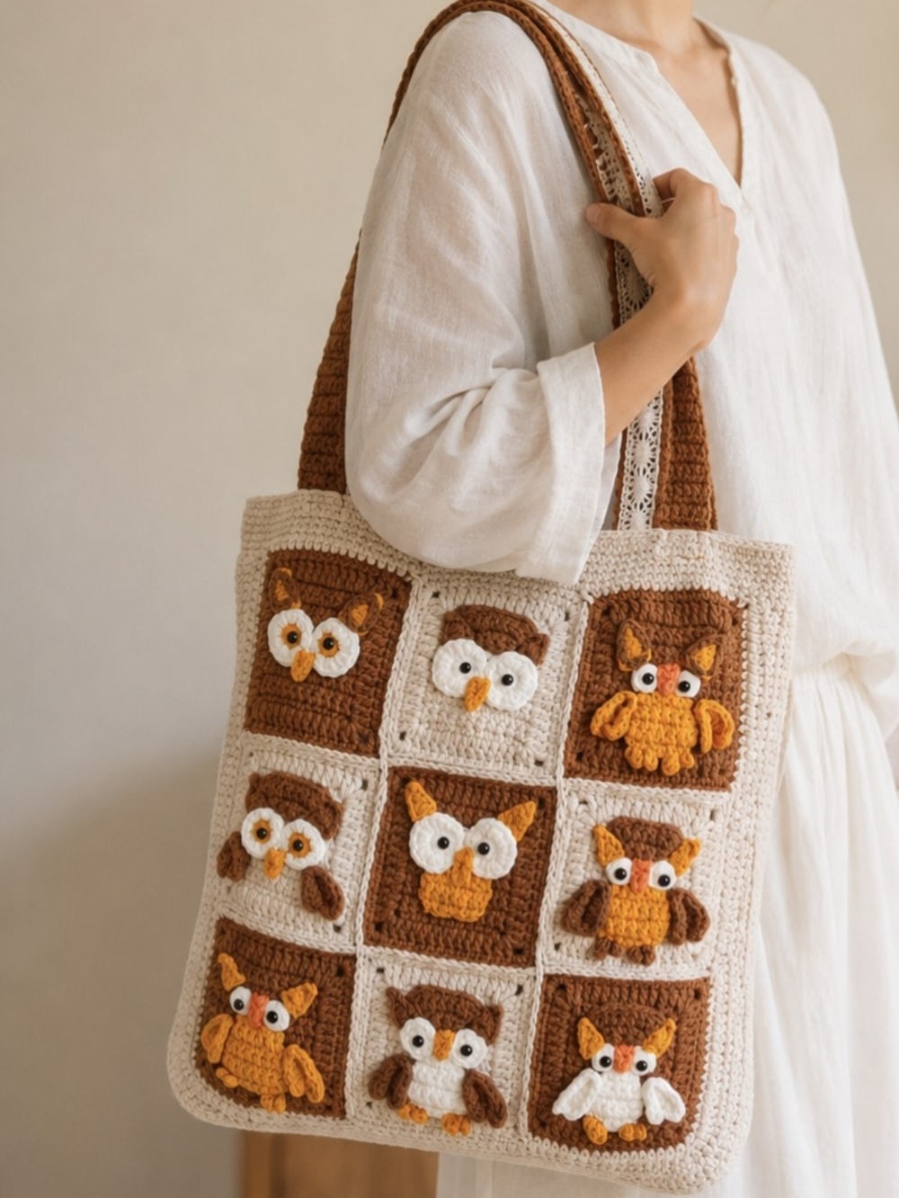 Handcrafted Cream & Brown Owl Crochet Tote Bag
